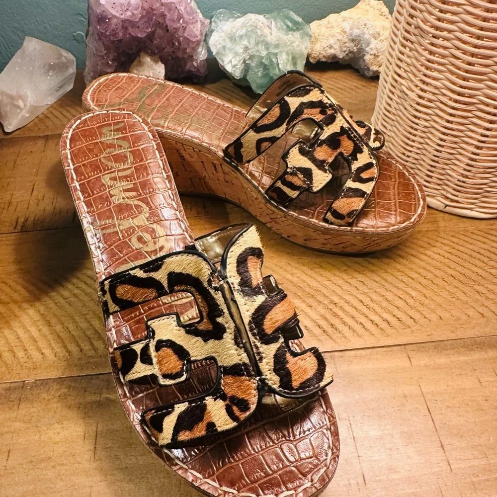 Sam Edelman Regis Leather Leopard Print Calf Hair Wedge Sandal Size 7.5